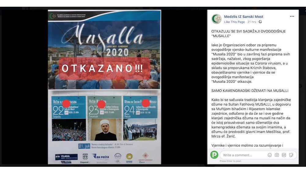 Otkazana manifestacija "Musalla 2020" u Sanskom Mostu
