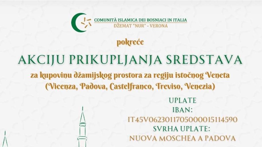 Italija: Pokrenuta akcija prikupljanja sredstava za kupovinu džamijskog prostora za regiju istočnog Veneta