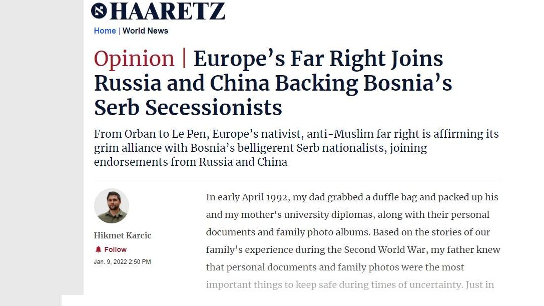 Karčić za Haaretz: Evropska krajnja desnica uz Rusiju i Kinu podržava srpske secesioniste u Bosni i Hercegovini