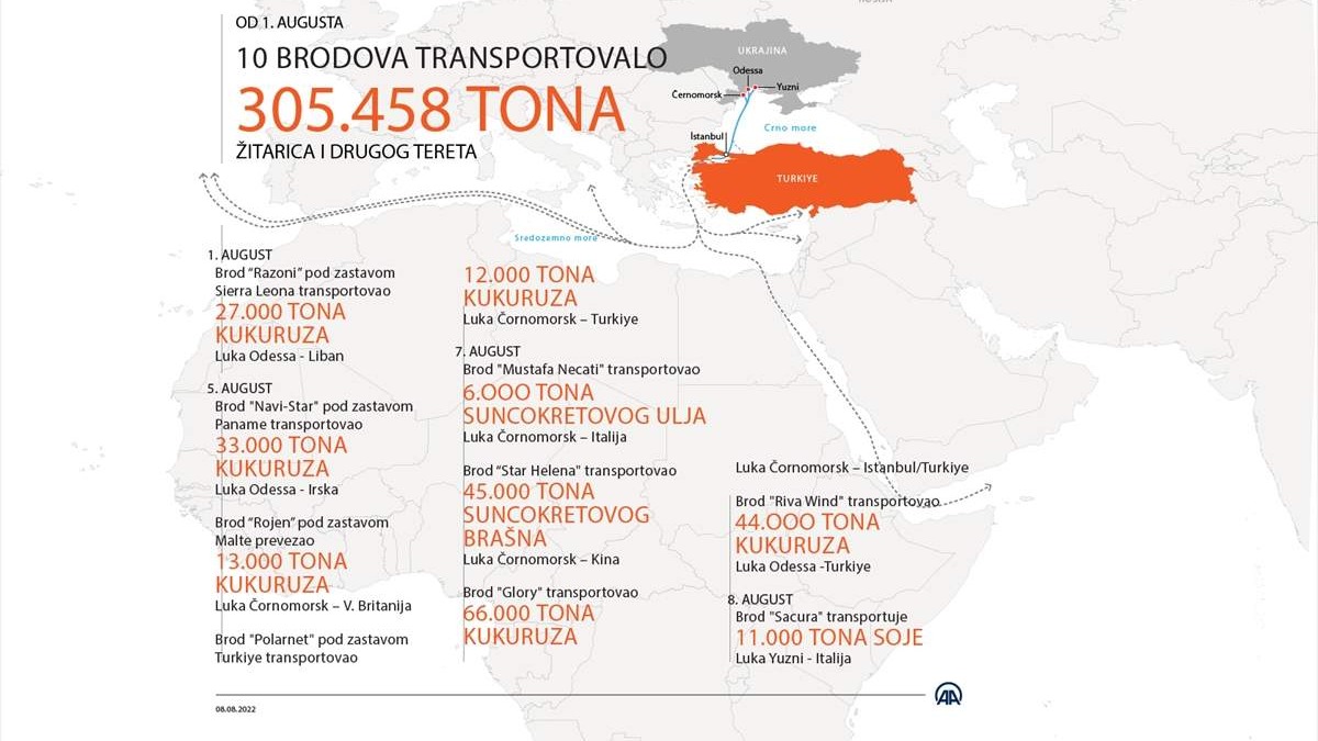 Koridor za izvoz ukrajinskih žitarica: Za sedam dana transportovano 305.000 tona žitarica