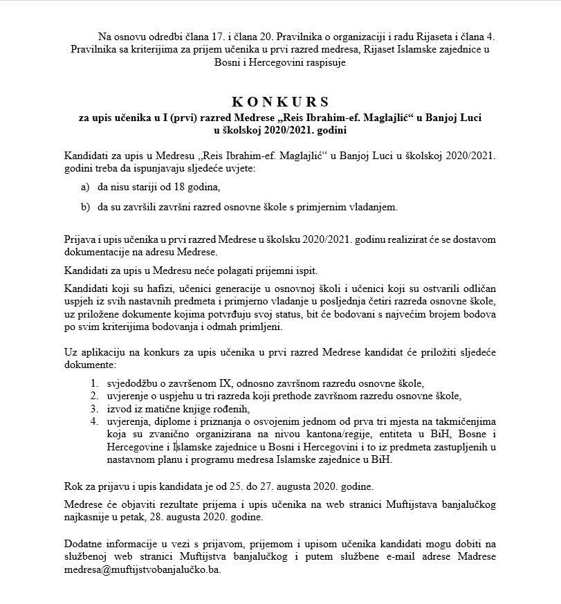 Konkurs.jpg - Konkurs za upis učenika u prvi razred Medrese