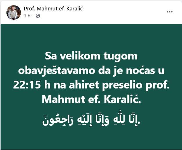 Mahmut.jpg - Na Ahiret preselio prof. Mahmut-ef. Karalić