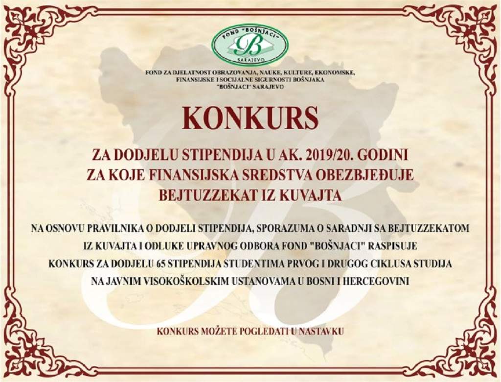 Konkurs Fond Bošnjaci 2020 - Fond Bošnjaci i Bejtuz-zekat iz Kuvajta: Raspisan konkurs za dodjelu 65 stipendija studentima